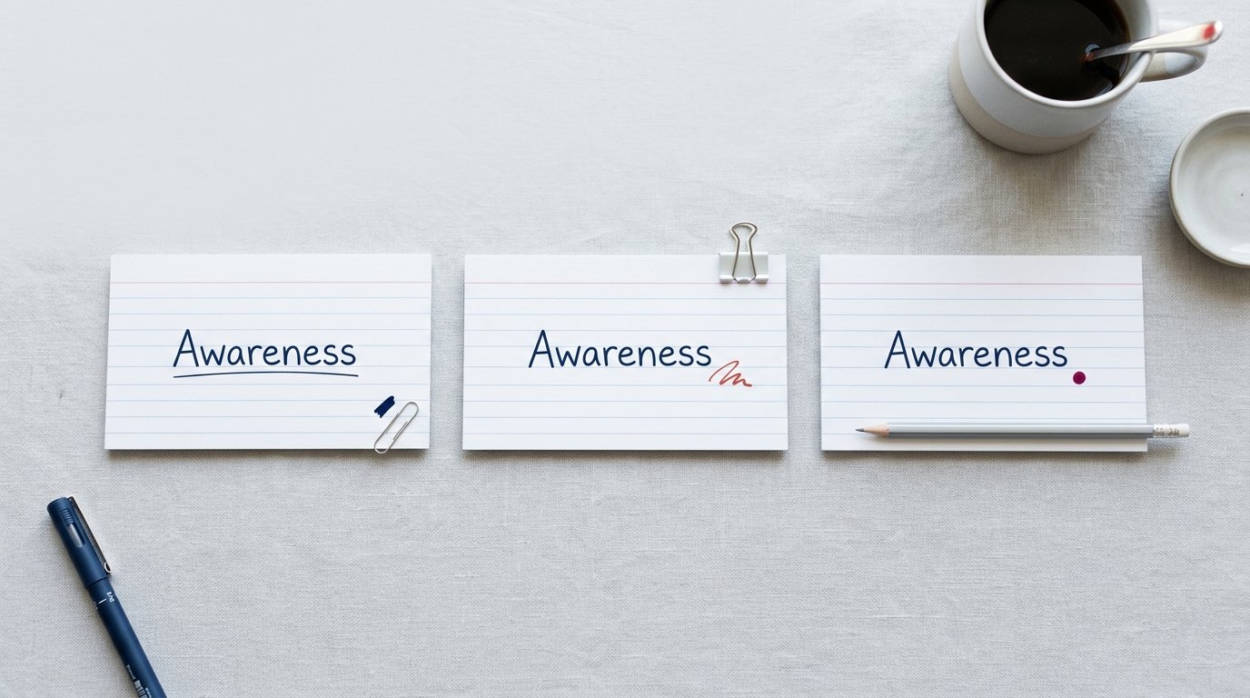 Drei Phasen des B2B-Kaufprozesses als beschriftete Karten mit Keyword-Clustern