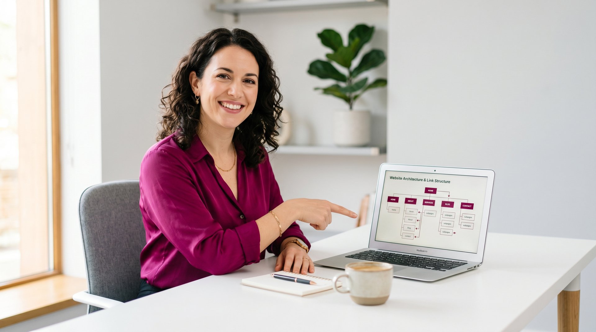 Frau zeigt auf Laptop mit interner Verlinkungsstruktur – SEO-Hebel für bessere Rankings