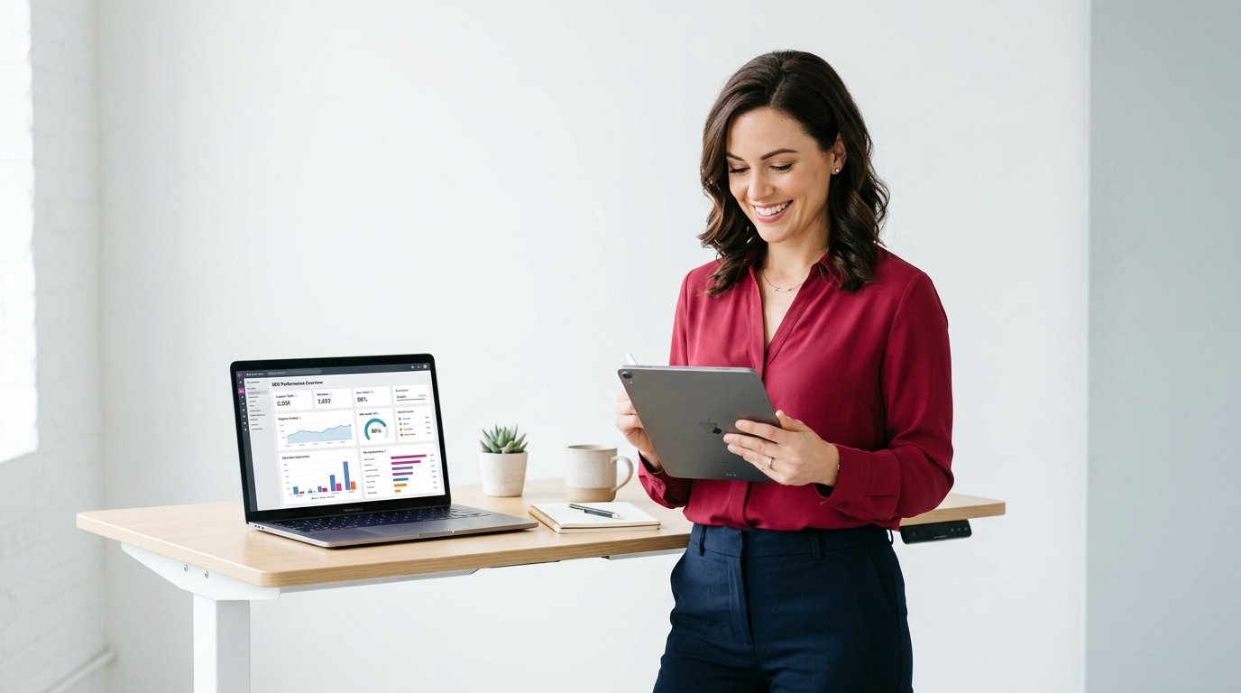 Frau analysiert SEO-Audit-Tool auf Tablet – strukturierte Umsetzung interner Verlinkung