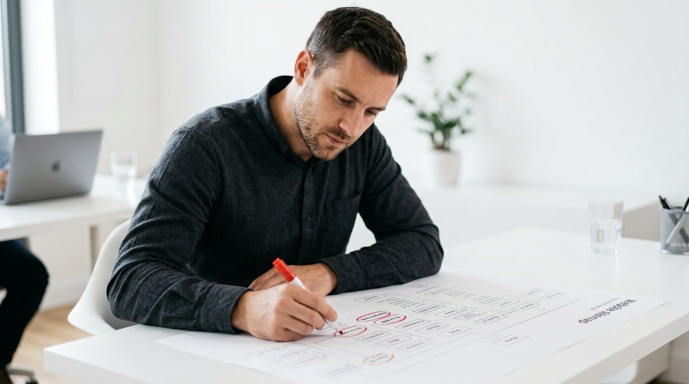 Mann markiert Fehler in Sitemap-Ausdruck – häufige Fehler bei interner Verlinkung