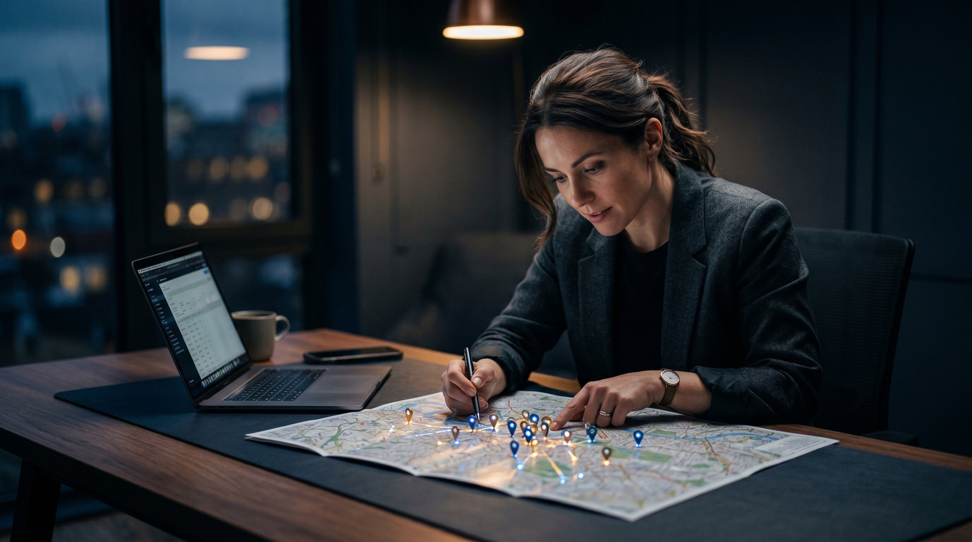 Fachmann analysiert lokale SEO-Strategie mit Stadtplan und digitalen Standortmarkierungen auf dunklem Schreibtisch