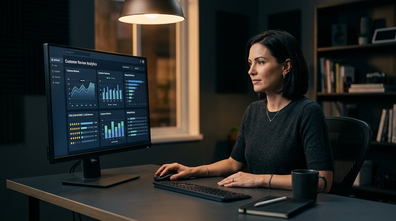 Unternehmer analysiert Google-Bewertungen und Sterne-Ratings auf dunklem Analytics-Dashboard