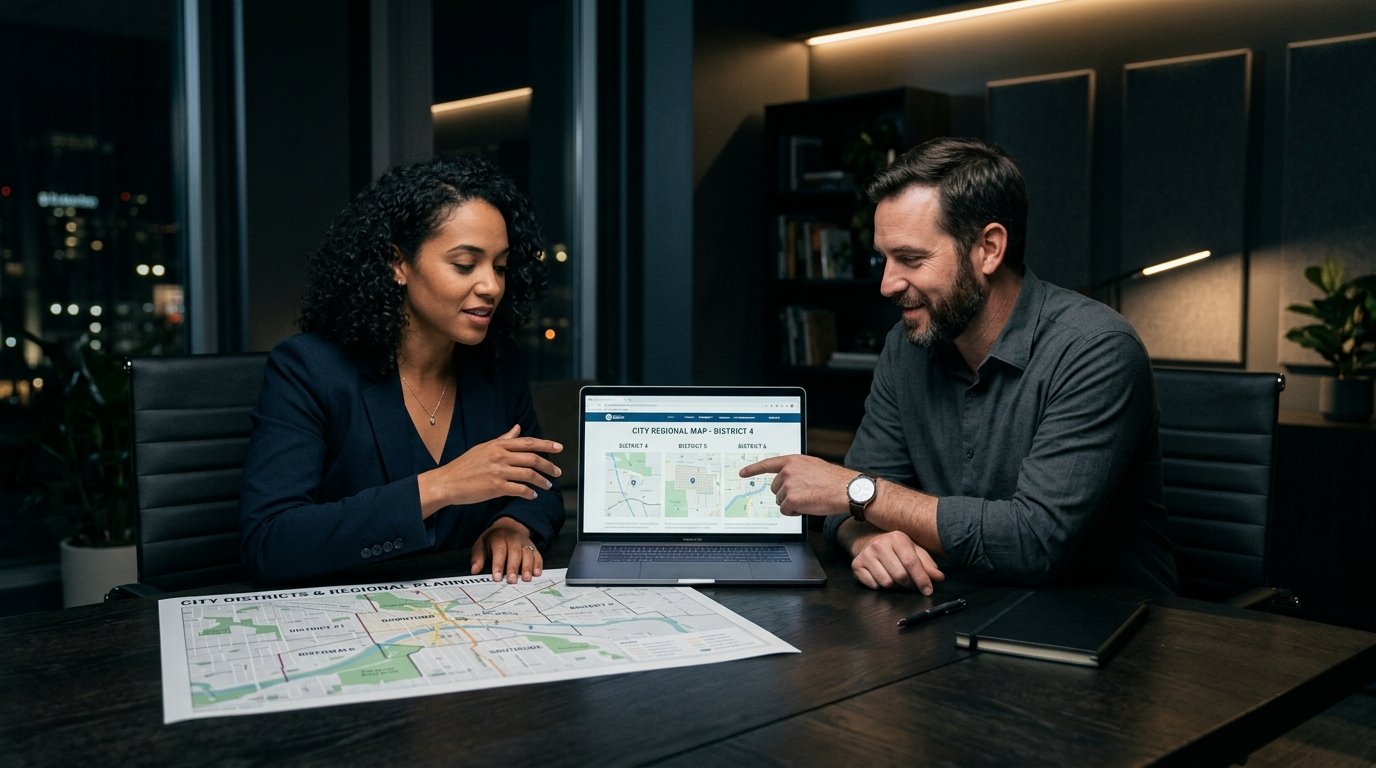 Zwei Experten erarbeiten lokale Backlink-Strategie mit Regionalkarte und Laptop in professionellem Setting