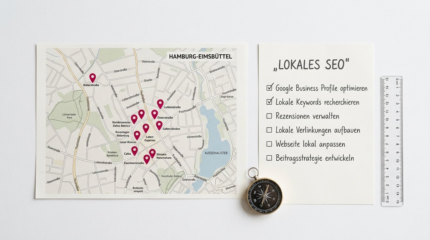Stadtplan mit roten Standort-Pins und SEO-Checkliste – Lokales SEO für Dienstleister