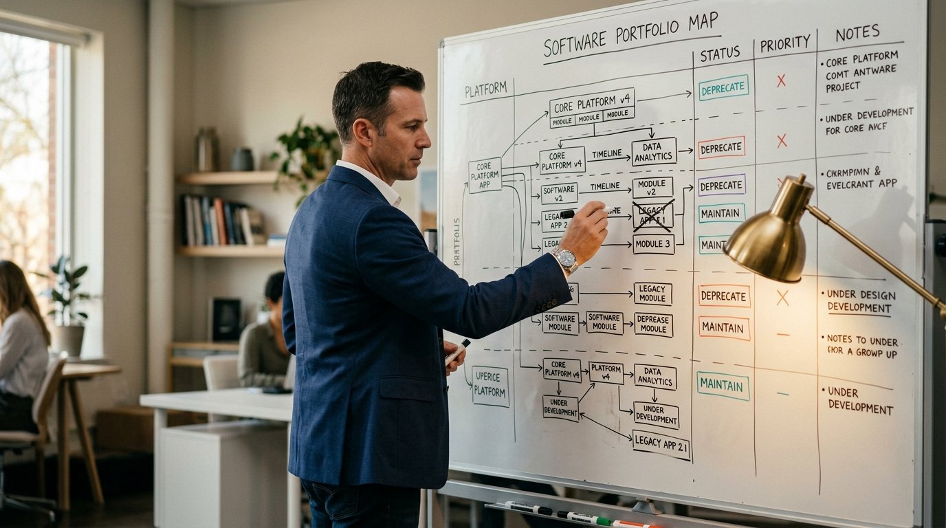 Manager überprüft Software-Portfolio an Whiteboard – Strategie-Check für KI-Zeitalter