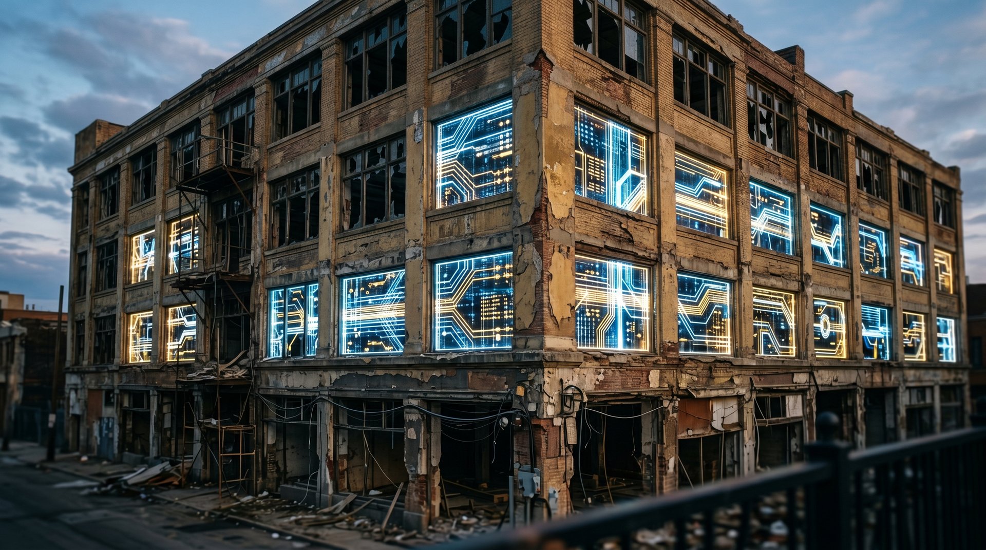 Bröckelndes Bürogebäude mit digitalen Schaltkreisen – SaaS-Modell unter KI-Druck