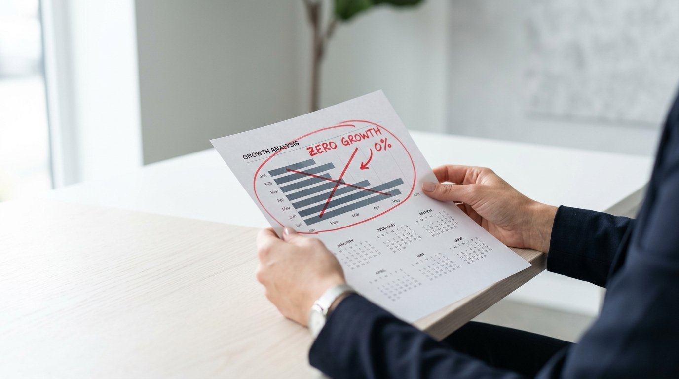 Kalenderseite und stagnierendes SEO-Diagramm nach sechs Monaten – keine messbaren Ergebnisse als Warnsignal