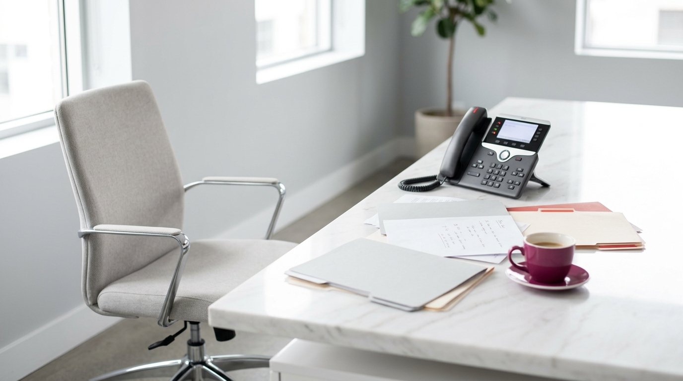 Leerer Bürostuhl und unbearbeitete Unterlagen symbolisieren fehlenden Ansprechpartner bei der SEO-Agentur