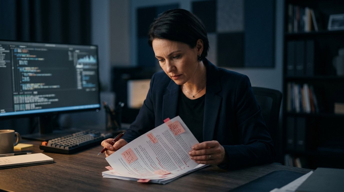 Inhaltliche SEO-Schwächen identifizieren – Analyst markiert problematische Textstellen am Schreibtisch