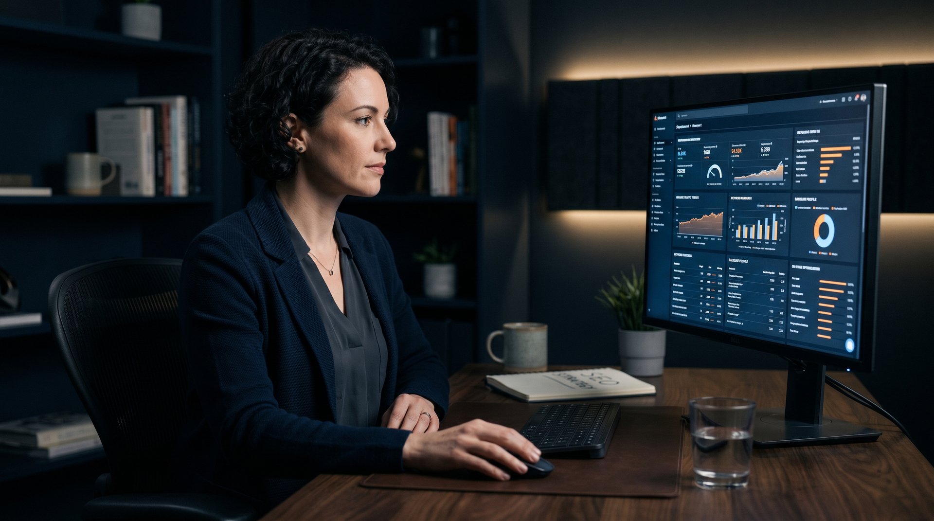SEO-Audit Analyse auf Monitor in dunklem Büro – professionelle Diagnose statt Tool-Export