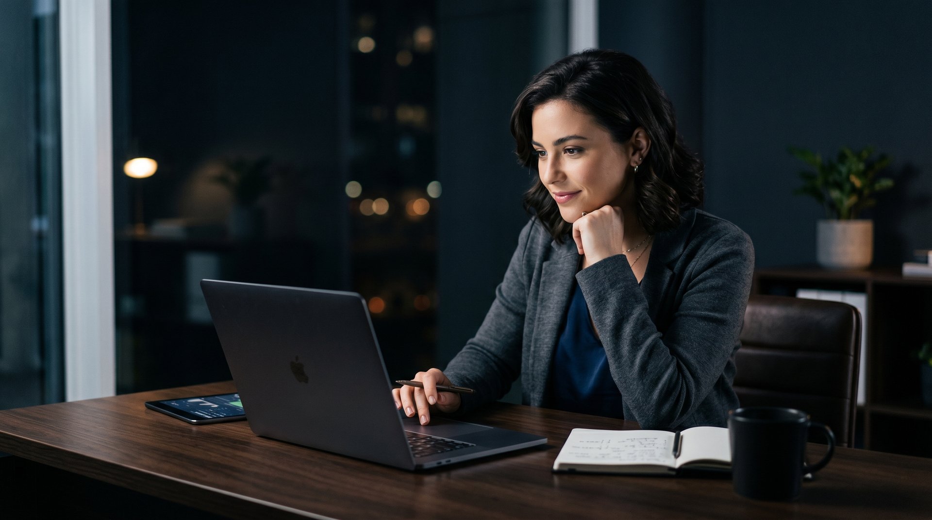 Unternehmer vergleicht SEO-Freelancer und Agentur an dunklem Schreibtisch mit zwei Laptops