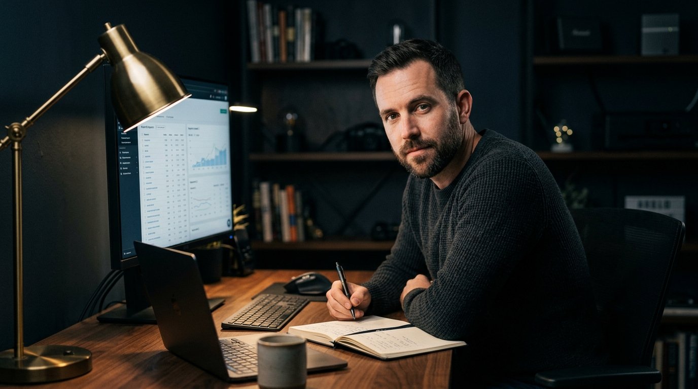 SEO-Freelancer arbeitet konzentriert am Monitor mit Keyword-Daten im dunklen Home-Office