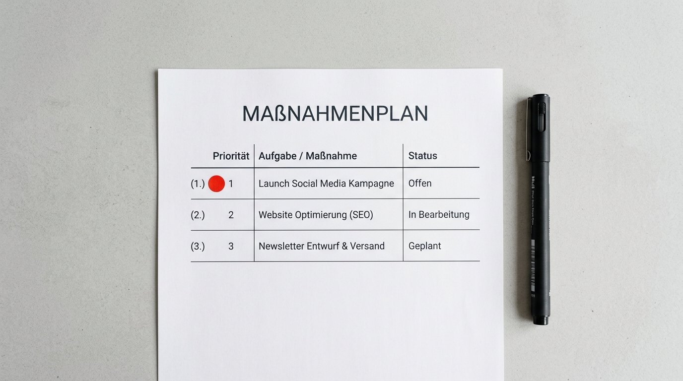 Ausgedruckter Maßnahmenplan mit Prioritätsliste und rotem Markierungspunkt auf hellgrauem Untergrund