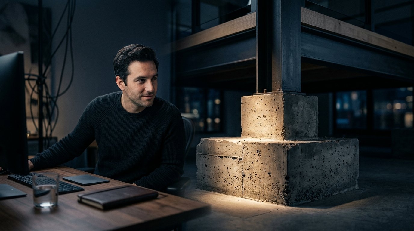 Beleuchtetes Fundament eines Gebäudes als Metapher für SEO als unverzichtbare Grundlage 2026