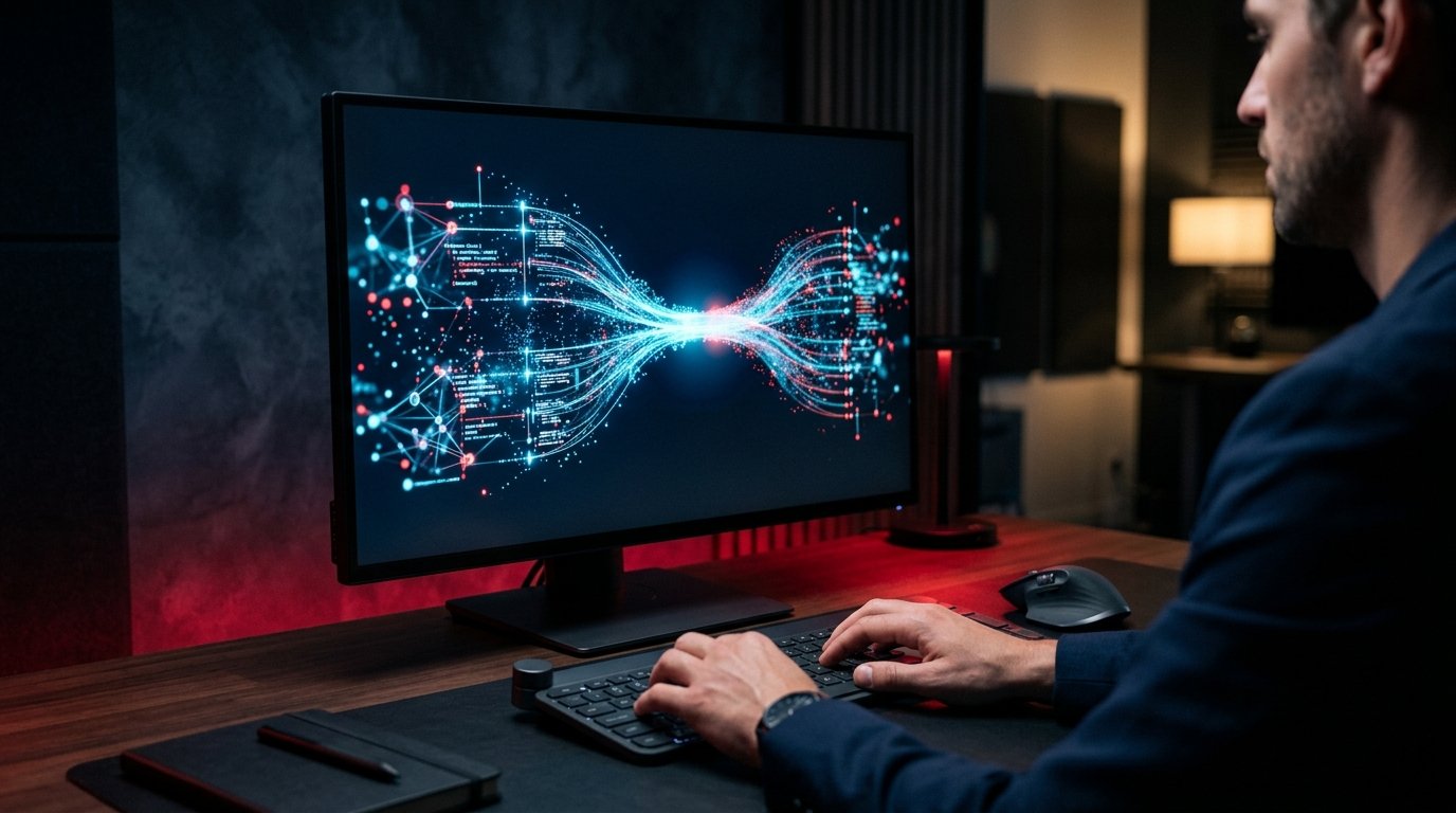 Zwei Datenströme verschmelzen auf Monitor – SEO und GEO als integrierte Hybrid-Strategie