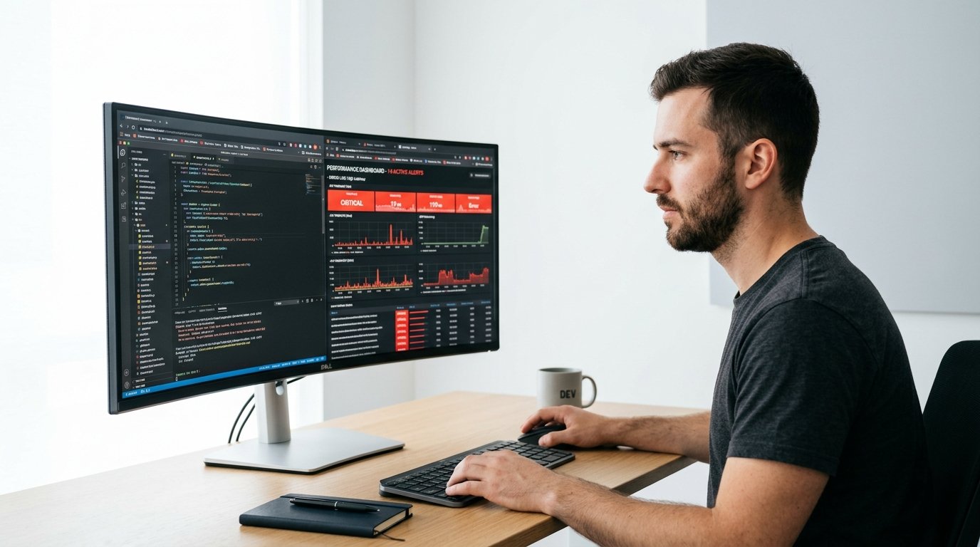 Entwickler analysiert Performance-Probleme einer WordPress-Seite am Monitor