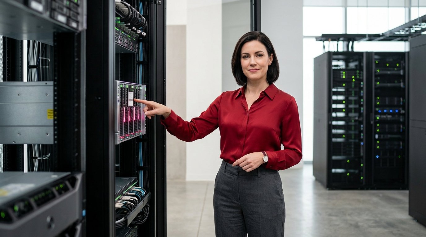 Frau zeigt auf Server-Rack – Hosting-Infrastruktur als WordPress-Fundament