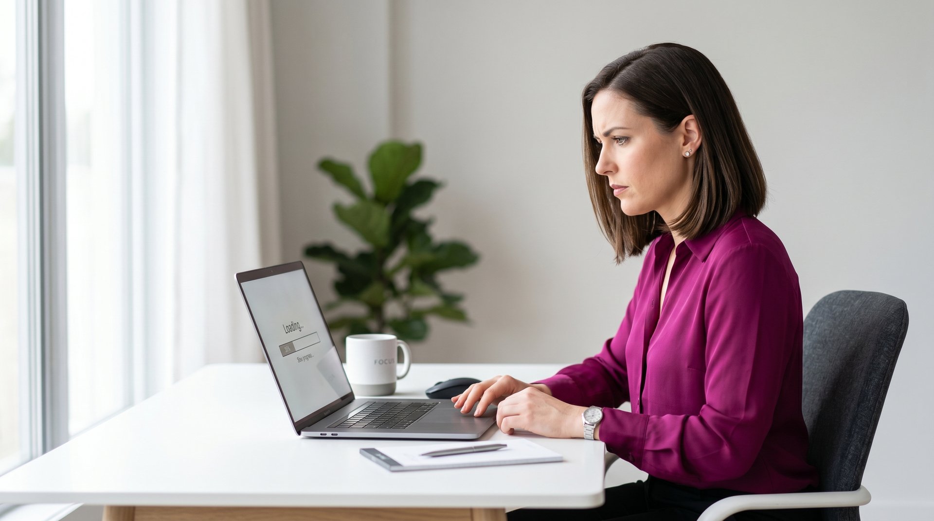 Frau schaut besorgt auf langsam ladende WordPress-Seite am Laptop