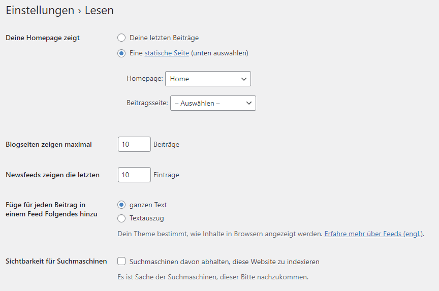 WordPress SEO Einstellungen > Lesen > Indexierbarkeit